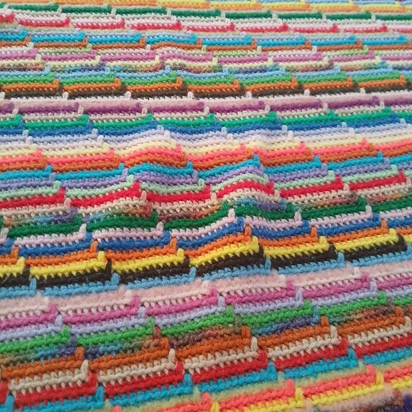 1980's Crochet Afghan Blanket Retro Rainbow Throw Fringe Ends Upcycled 67" x 52" - Picture 13 of 14